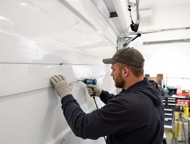 Avon Garage Door Repair technician demonstrating precision dent removal techniques on a Avon garage door